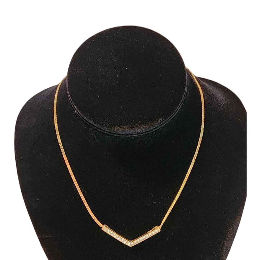 Vintage Napier Rhinestone Gold Tone V Shaped Necklace